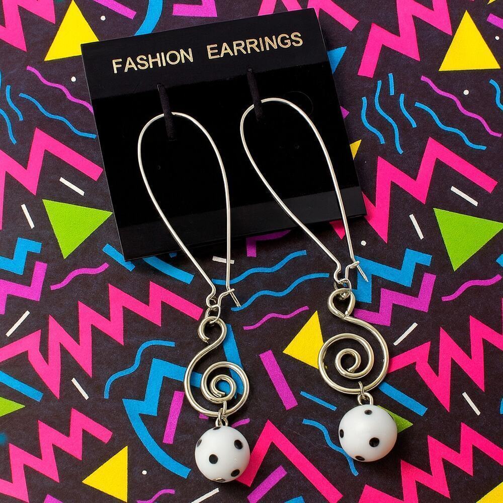 Vintage 80s Black & White Polka Dot Spiral Dangle Earrings New Wave NWT –Hey Viv